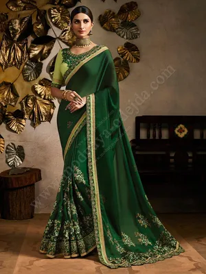 Зелёное индийское сари, украшенное вышивкой - индийское сари Заполярный  купить