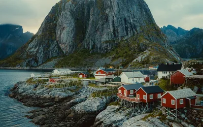 Скачать 2560x1600 дома, гора, побережье, вид сверху, пейзаж, норвегия, скандинавия  обои, картинки 16:10