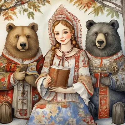 Раскраска Девочка у медведей | Раскраски из руской народной сказки \"Три  медведя\"