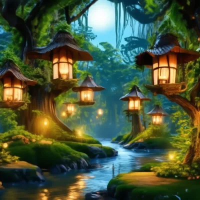 Шалаш на дереве сказочных героев вектора дома фантазии Gnome и волшебная на  иллюстрации деревни установили баннеров детей. Иллюстрация вектора -  иллюстрации насчитывающей мило, дети: 178261558