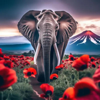 🎨красивый слон на фоне вулкана, …» — создано в Шедевруме