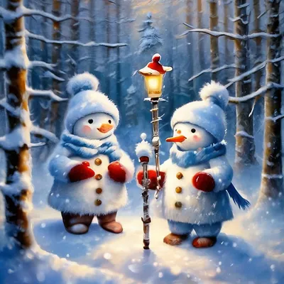 Снеговики и снеговички, в зимнем …» — создано в Шедевруме