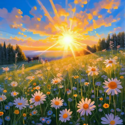 Скачать обои небо, цветы, солнце, весна, ромашки разрешение 4372x2915  #131137