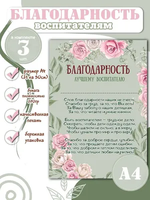Благодарность Воспитателю детского сада А4 в Калининграде купить Цена: руб.  ➔ 40 ₽