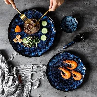 Купить Европейские обеденные тарелки, синяя керамическая миска для риса,  тарелка для салата и рыбы, креативная нестандартная посуда, набор домашней  кухонной посуды, столовая посуда | Joom