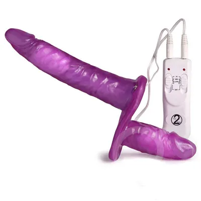 Двухсторонний женский страпон Vibrating Strap on Duo, фиолетовый 5667720000  купить в интим магазине секс шоп Экстаз