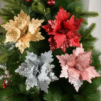 Цветы для декора Пуансеттия 3 шт. d-8 см, блестящие цветы на прищепке  купить по цене 127 ₽ в интернет-магазине KazanExpress