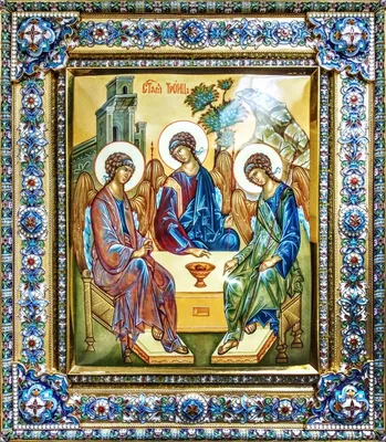 Рукописная икона Святая Троица № 3 купить в Москве с бесплатной доставкой  по России