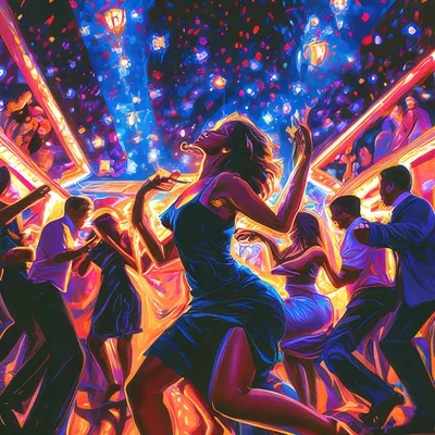 Картина танцующих в клубе людей на ярком фоне. | Бесплатно Фото
