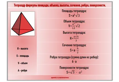 тетраэдр формулы площади, объема, высоты, сечения, ребра, поверхности |  Школьники, Ребра, Математика