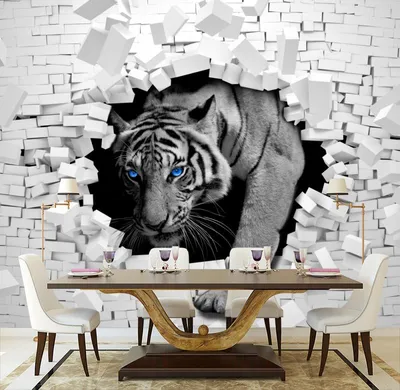 Фотообои на стену Тигр проходящий сквозь белую стену - Животные Кошки - Львы  Тигры Леопарды