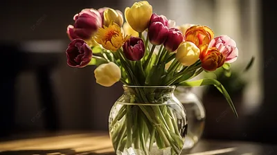 Красные тюльпаны в стеклянной вазе» — создано в Шедевруме