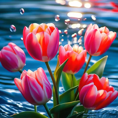 Тюльпаны, на фоне воды 💧» — создано в Шедевруме