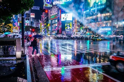 Обои на рабочий стол Дождь на улице вечернего Tokyo / Токио, Japan /  Япония, обои для рабочего стола, скачать обои, обои бесплатно