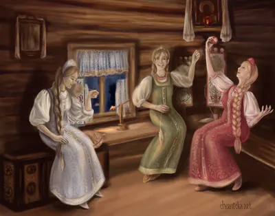 Иллюстрация Три девицы под окном в стиле 2d, живопись, книжная