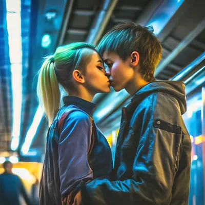 Подростки целуются закат возле озера» — создано в Шедевруме