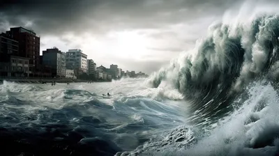 волны разбиваются о город в городе во время цунами, картинка мега цунами,  мега, плакат фон картинки и Фото для бесплатной загрузки