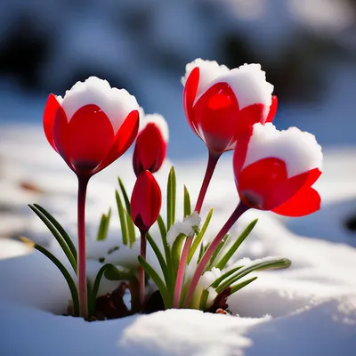 Красные цветы на снегу.» — создано в Шедевруме