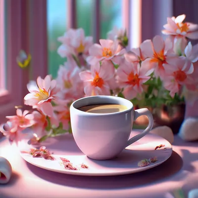 Открытка доброе утро с песиком и букетом цветов