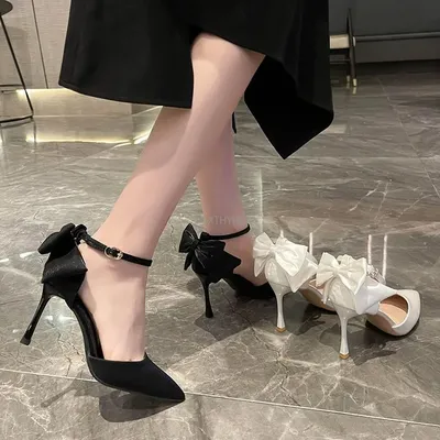Туфли женские на высоком каблуке-шпильке, элегантные свадебные туфли-лодочки,  пикантная обувь с бантом для невесты, черные белые, на лето | AliExpress