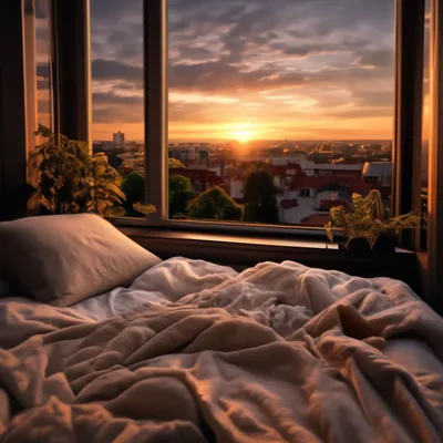 Уютная кровать у окна за окном …» — создано в Шедевруме