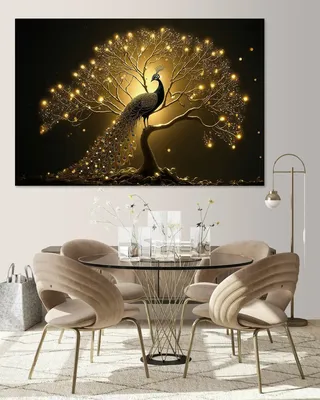 Картина на полотне Красивый павлин в золотом цвете на темном фоне № s34876 в  ART-holst.com.ua