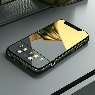 Телефон на рабочем столе в золотом…» — создано в Шедевруме