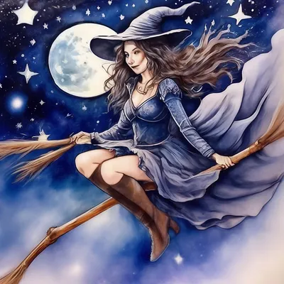 Иллюстрация Ведьма на метле в стиле 2d, детский, персонажи |