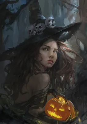 Image Witch Skulls Hat female Pumpkin Fantasy Halloween 1920x2716