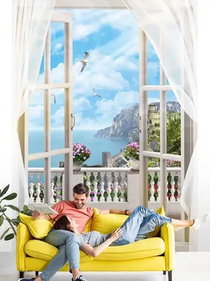 Arthata-Фотообои Флизелиновые Вид из окна Обои Балкон 200х270 Французское  окно с видом на море тропический пляж океан, пальмы, средиземноморье