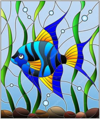 Иллюстрация в витраж стиль синие рыбы скалярных на фоне воды и водорослей |  Stained glass paint, Stained glass art, Glass painting designs