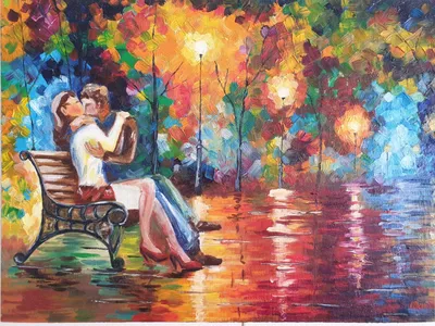 Картина Влюбленная пара. Поцелуй на скамейке. (по мотивам Л. Афремова) ᐉ  Дом Инна ᐉ онлайн-галерея Molbert.