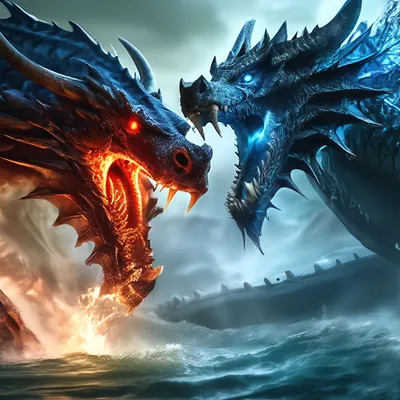 Огненный дракон сражается с водным …» — создано в Шедевруме