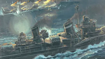 Красивый арт военного корабля плывущего среди моря - обои на рабочий стол