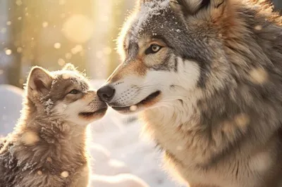 Мать-волчица и волчата в зимнем снегу генеративный ии | Премиум Фото