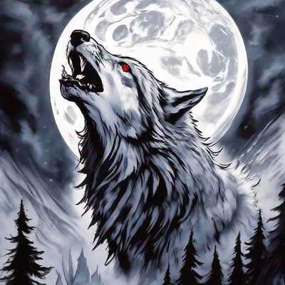 Рисунок злого волка воющего на луну…» — создано в Шедевруме