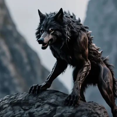 Волк оборотень на скале, реалистичное…» — создано в Шедевруме