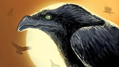 Огромный черный ворон на человеческом…» — создано в Шедевруме