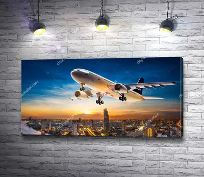 Картина \"Самолет взлетающий над городом в закате\" | Интернет-магазин картин  \"АртФактор\"