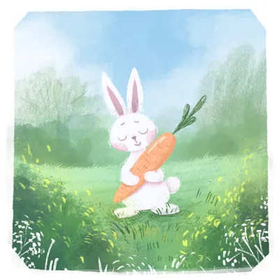 Иллюстрация зайчик с морковкой в стиле детский, книжная графика,