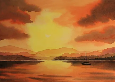 Как нарисовать закат на море гуашью пошагово | Рисуем вместе | Онлайн школа  рисования | Дзен