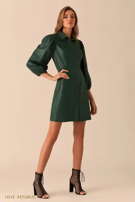 Зелёное платье из искусственной кожи с пышными рукавами 0254244529-12 -  купить в интернет-магазине LOVE REPUBLIC по цене: 1 999 ₽