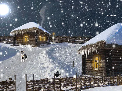 Гиф анимация Сказочная зима и сказочный домик в сказочную ночь заряжает Вас  на сказочное настроение