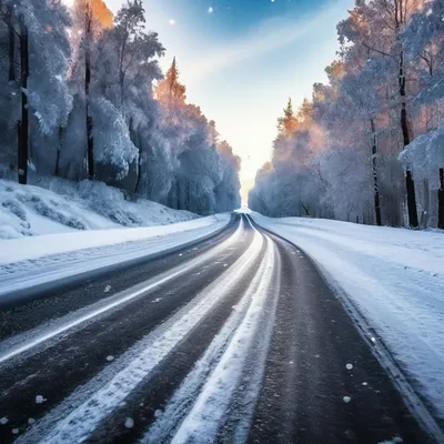 Зимняя дорога в лесу на закате — Фото №1354809