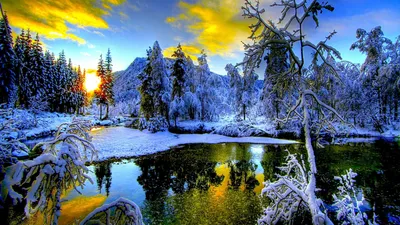 Обои Зимняя сказка Природа Зима, обои для рабочего стола, фотографии зимняя,  сказка, природа, зима, речка, лес, утро Обои для рабочего стола, скачать  обои картинки заставки на рабочий стол.