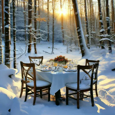 Накрытый стол в лесу зимний пейзаж» — создано в Шедевруме