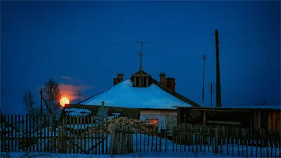 Картина «Зимний вечер в деревне.» ДВП / Оргалит, Масло 2016 г.