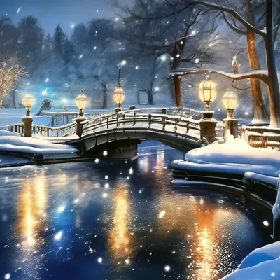 Ночь,фонари,зимний парк,мост через…» — создано в Шедевруме