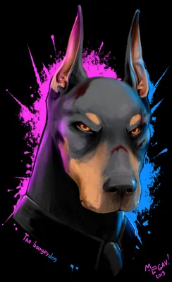 realistic photo of a big angry Doberman standing among clouds of thick  dense colored smoke\" - Playground