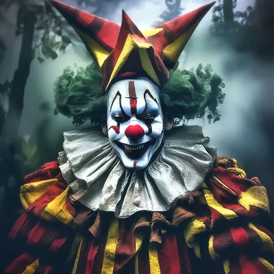 злой клоун с жуткой улыбкой в лесу Стоковое Фото - изображение  насчитывающей праздник, плохой: 289348654